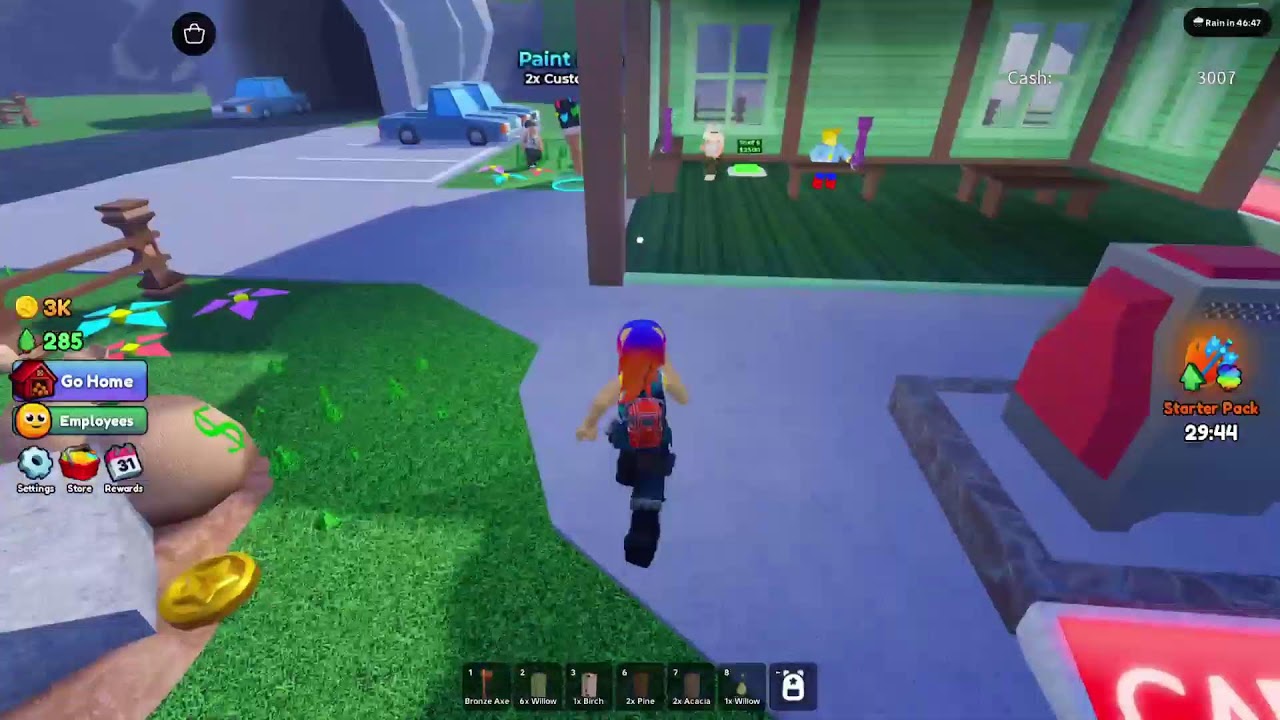 Carve Wood Roblox gameplay screenshot showing the in-game store, axe inventory, and a customer waiting at the shelf.